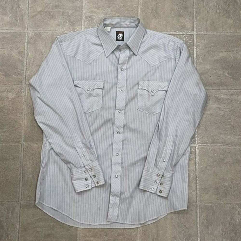 Vintage Karman Mens Shirt Long Tail 17-37 Pearl Snap Striped Long‎ Sleeve EUC